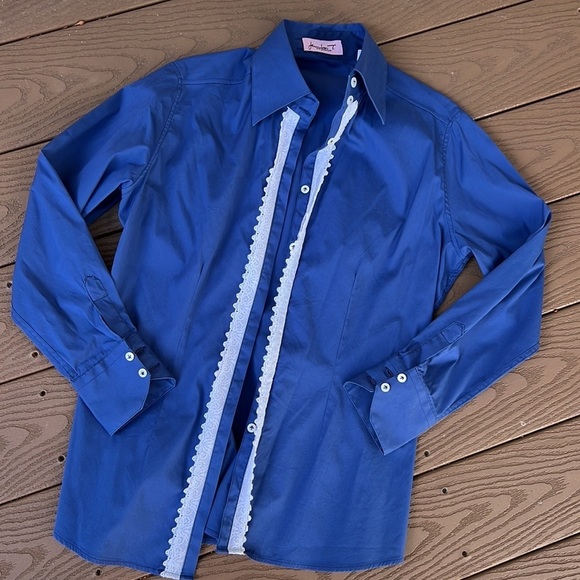 Jennifer T knit Courture blue/white lace trim long sleeve button down top - Picture 5 of 8